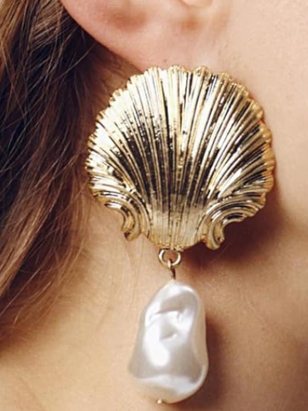 Gold Seashell & Baroque Pearl Statement Drop Earrings